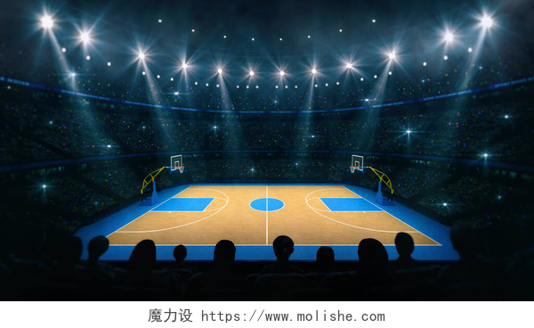 聚光灯下的nbc篮球场篮球场看台上的侧视图.从室内看篮球场的木制楼层.体育背景数字3D图解.